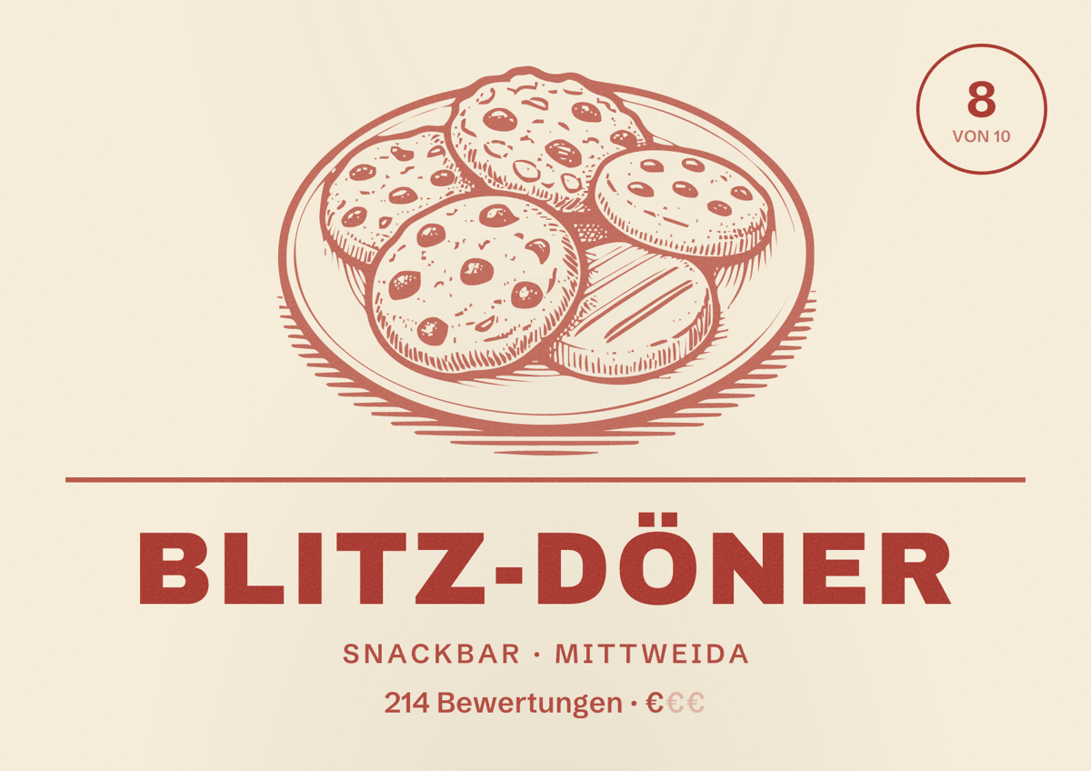 Illustriertes Poster von Blitz-Döner, Snackbar in Mittweida: Bewertung 8 von 10 aus 214 Bewertungen, Preisniveau €