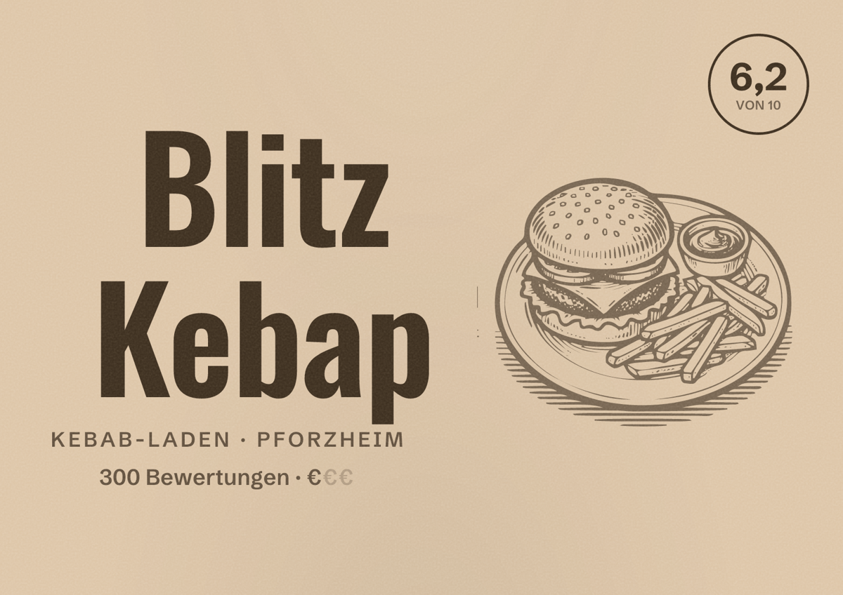 Illustriertes Poster von Blitz Kebap, Kebab-Laden in Pforzheim: Bewertung 6,2 von 10 aus 300 Bewertungen, Preisniveau €