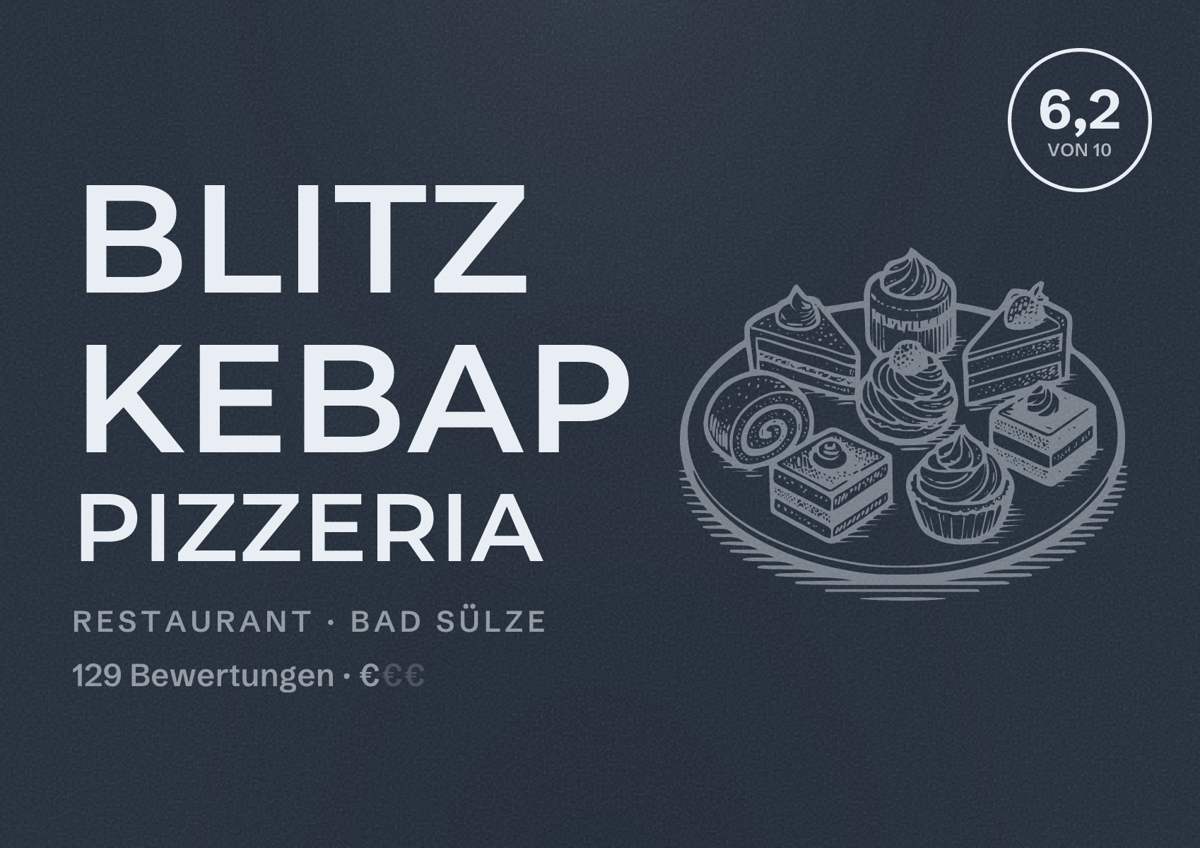 Illustriertes Poster von Blitz Kebap Pizzeria, Restaurant in Bad Sülze: Bewertung 6,2 von 10 aus 129 Bewertungen, Preisniveau €