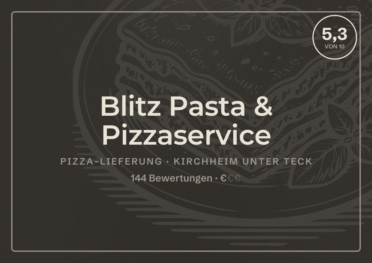 Illustriertes Poster von Blitz Pasta & Pizzaservice, Pizza-Lieferung in Kirchheim unter Teck: Bewertung 5,3 von 10 aus 144 Bewertungen, Preisniveau €