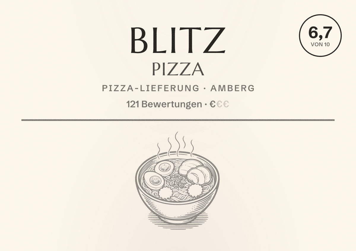 Illustriertes Poster von Blitz Pizza, Pizza-Lieferung in Amberg: Bewertung 6,7 von 10 aus 121 Bewertungen, Preisniveau €