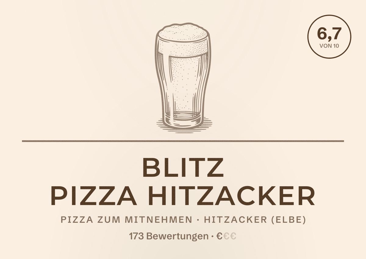 Illustriertes Poster von Blitz Pizza Hitzacker, Pizza zum Mitnehmen in Hitzacker (Elbe): Bewertung 6,7 von 10 aus 173 Bewertungen, Preisniveau €