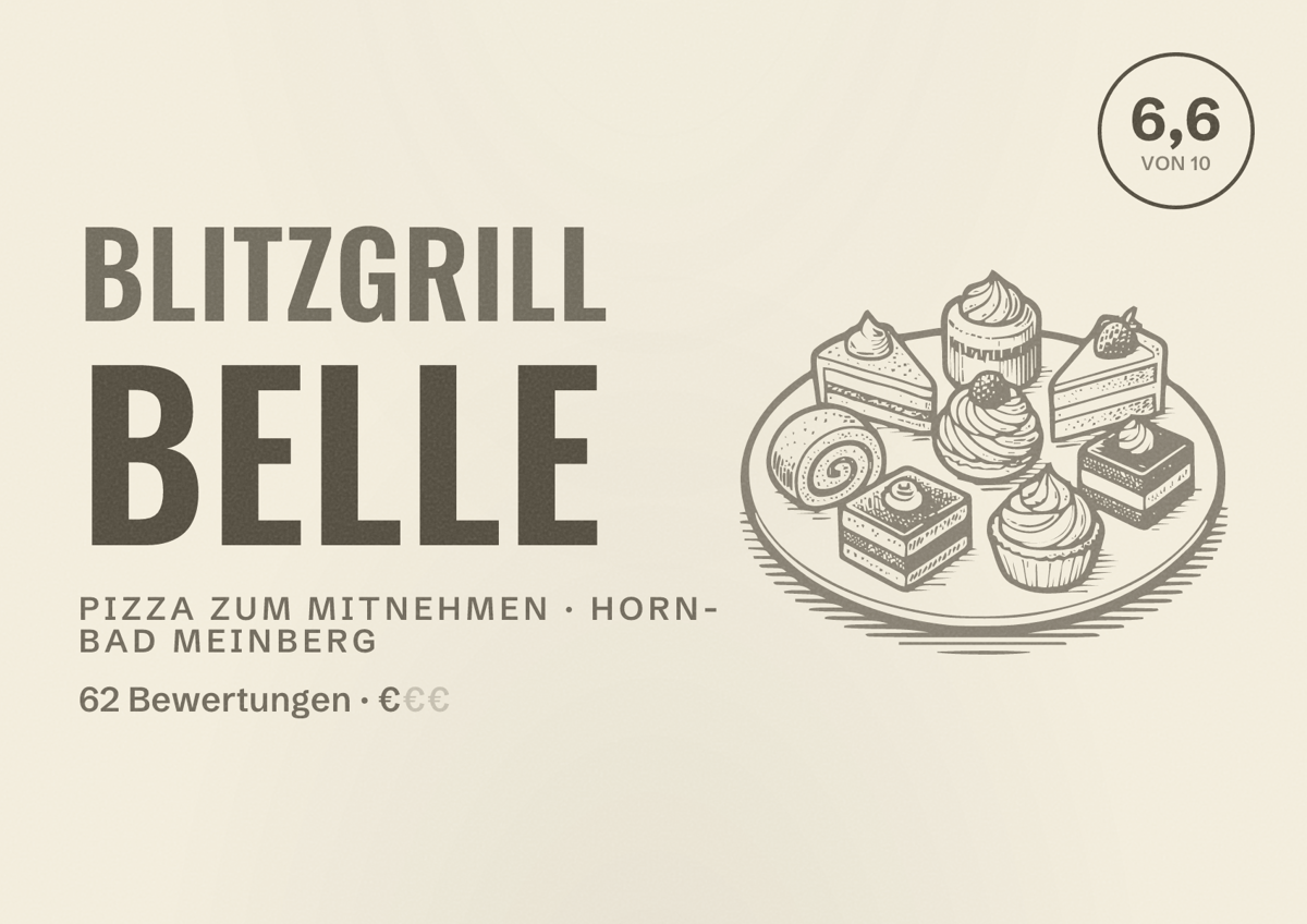 Illustriertes Poster von BlitzGrill Belle, Pizza zum Mitnehmen in Horn-Bad Meinberg: Bewertung 6,6 von 10 aus 62 Bewertungen, Preisniveau €