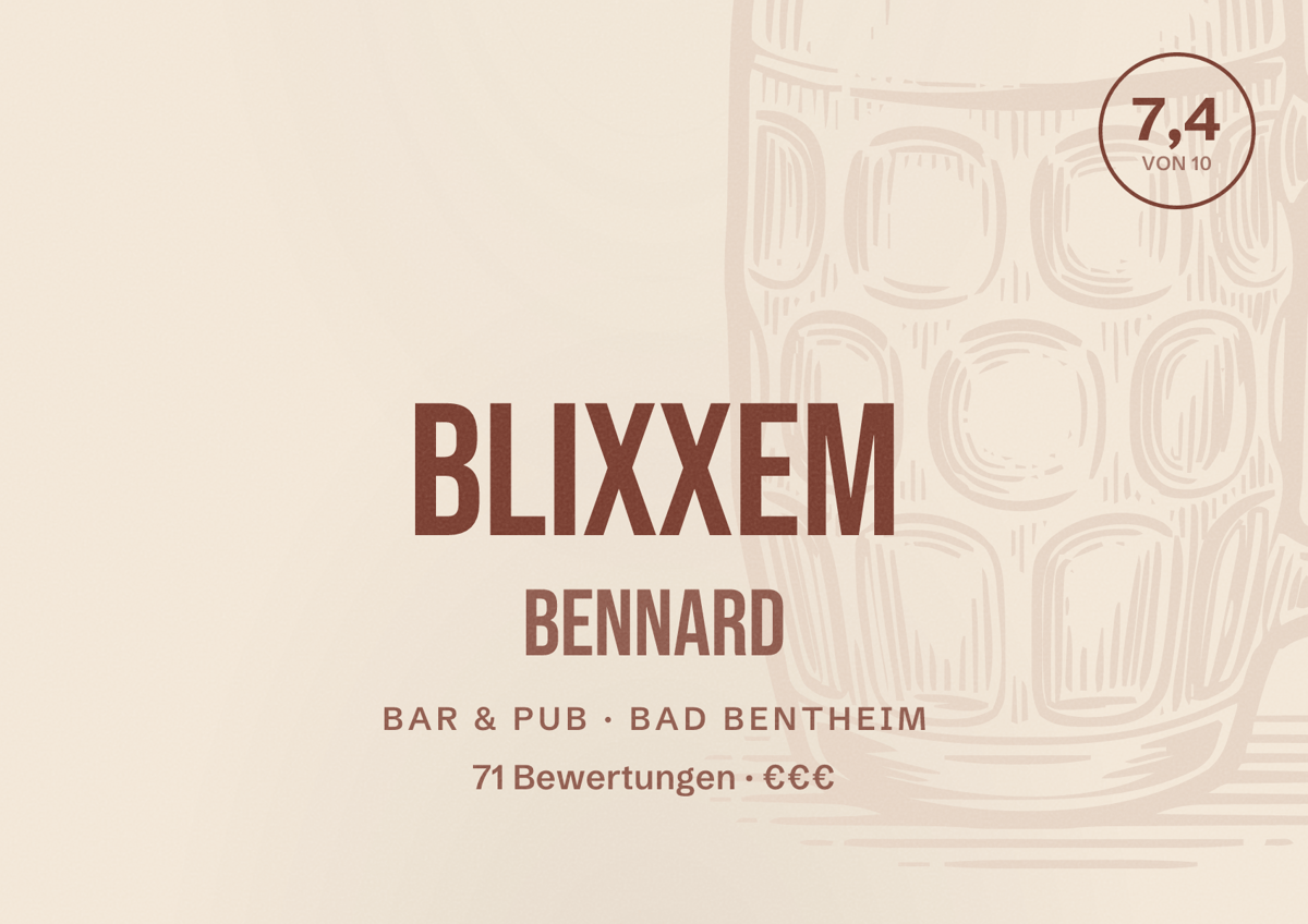 Illustriertes Poster von Blixxem Bennard, Bar & Pub in Bad Bentheim: Bewertung 7,4 von 10 aus 71 Bewertungen, Preisniveau €€€