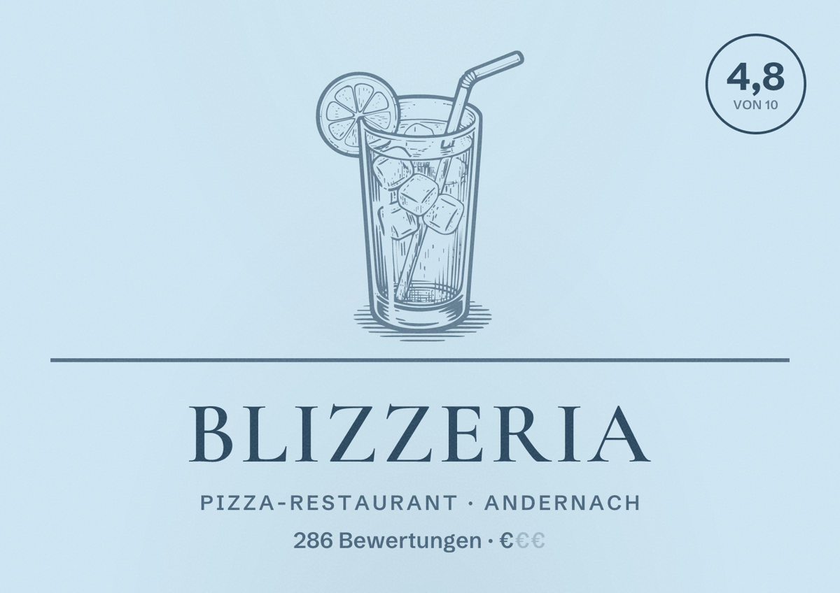 Illustriertes Poster von Blizzeria, Pizza-Restaurant in Andernach: Bewertung 4,8 von 10 aus 286 Bewertungen, Preisniveau €