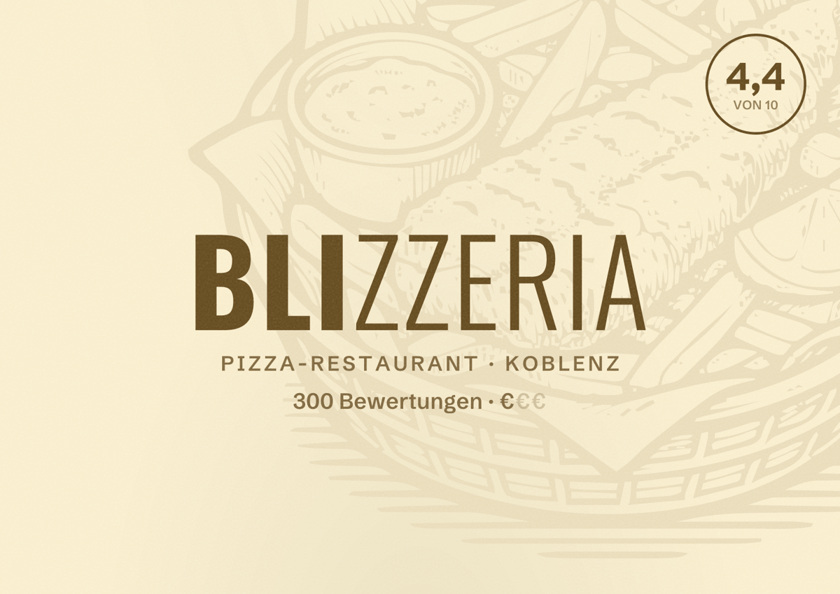 Illustriertes Poster von Blizzeria, Pizza-Restaurant in Koblenz: Bewertung 4,4 von 10 aus 300 Bewertungen, Preisniveau €