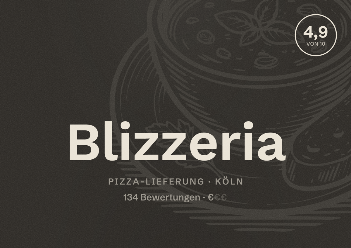 Illustriertes Poster von Blizzeria, Pizza-Lieferung in Köln: Bewertung 4,9 von 10 aus 134 Bewertungen, Preisniveau €