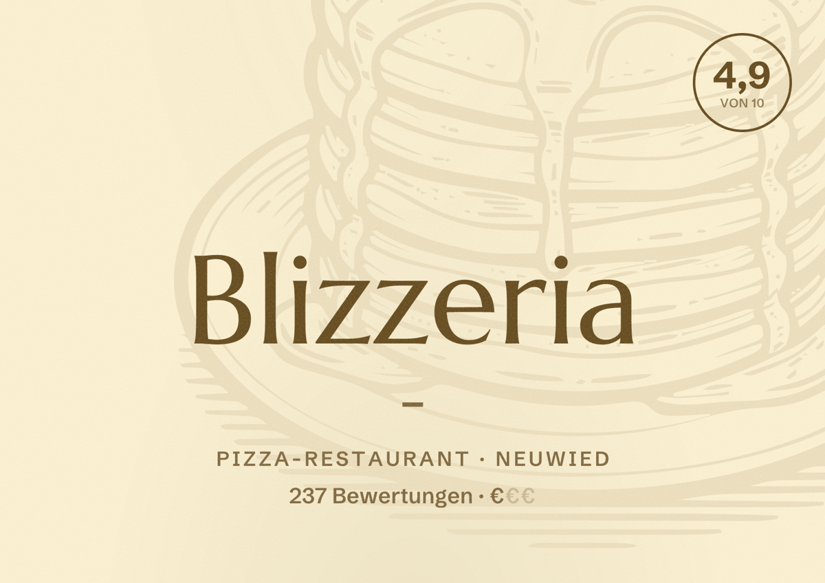 Illustriertes Poster von Blizzeria -, Pizza-Restaurant in Neuwied: Bewertung 4,9 von 10 aus 237 Bewertungen, Preisniveau €