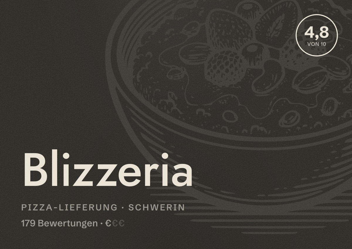 Illustriertes Poster von Blizzeria, Pizza-Lieferung in Schwerin: Bewertung 4,8 von 10 aus 179 Bewertungen, Preisniveau €