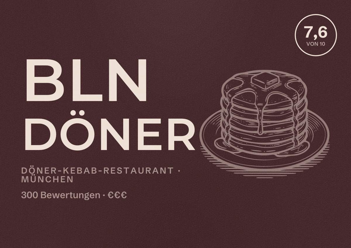 Illustriertes Poster von BLN Döner, Döner-Kebab-Restaurant in München: Bewertung 7,6 von 10 aus 300 Bewertungen, Preisniveau €€€