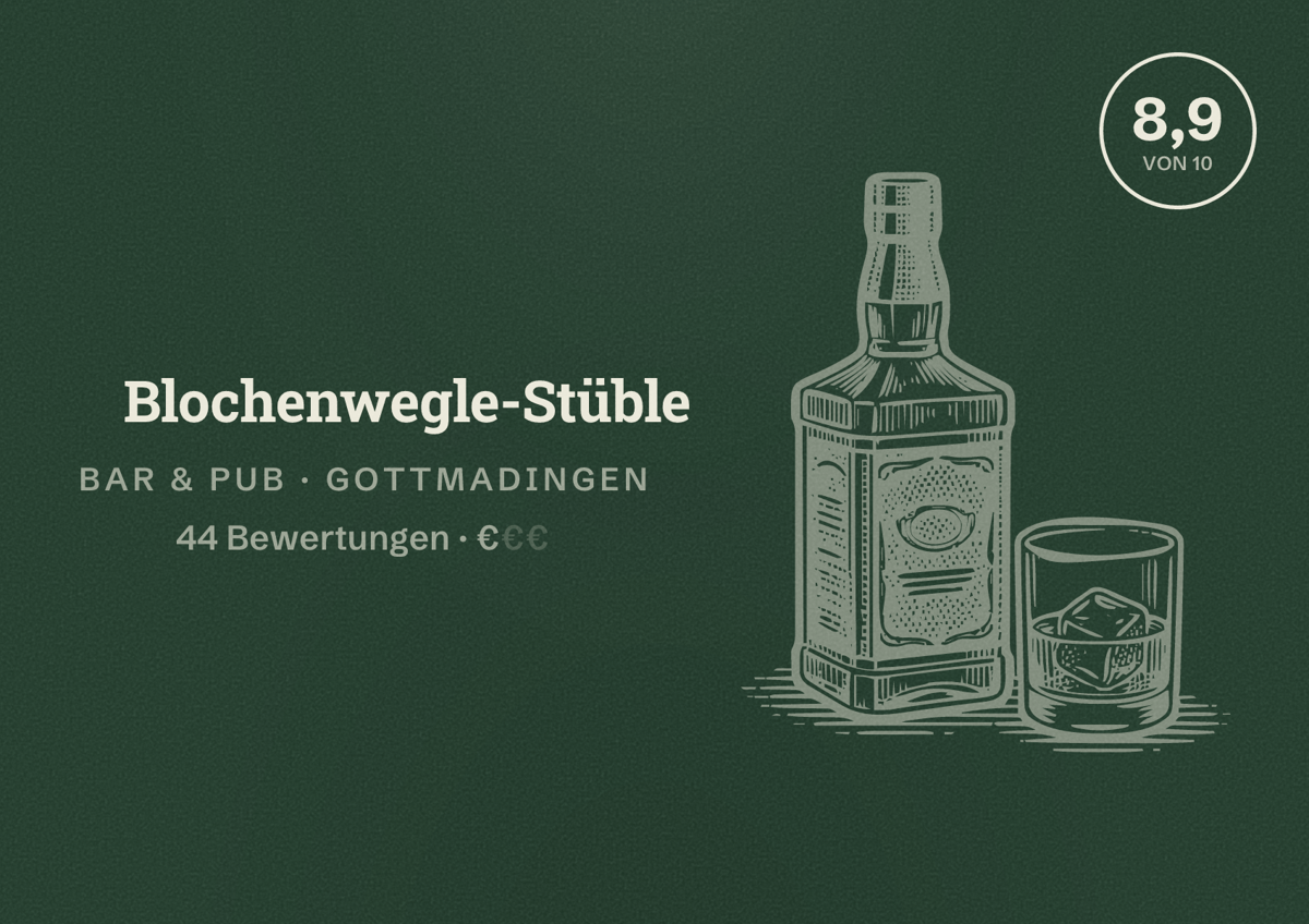 Illustriertes Poster von Blochenwegle-Stüble, Bar & Pub in Gottmadingen: Bewertung 8,9 von 10 aus 44 Bewertungen, Preisniveau €