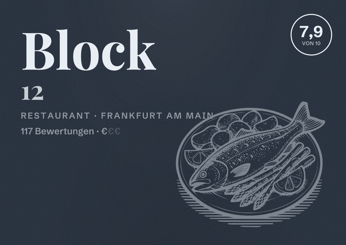 Illustriertes Poster von Block 12, Restaurant in Frankfurt am Main: Bewertung 7,9 von 10 aus 117 Bewertungen, Preisniveau €