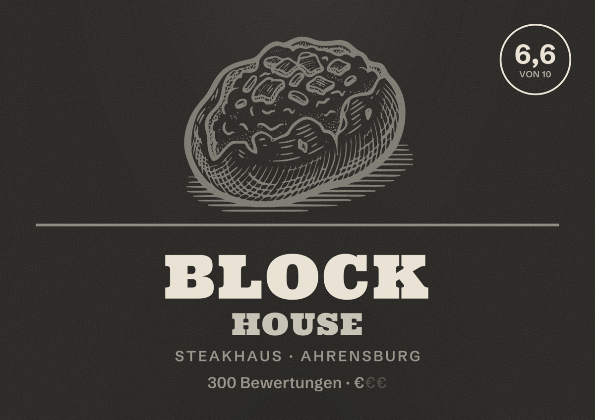 Illustriertes Poster von BLOCK HOUSE, Steakhaus in Ahrensburg: Bewertung 6,6 von 10 aus 300 Bewertungen, Preisniveau €
