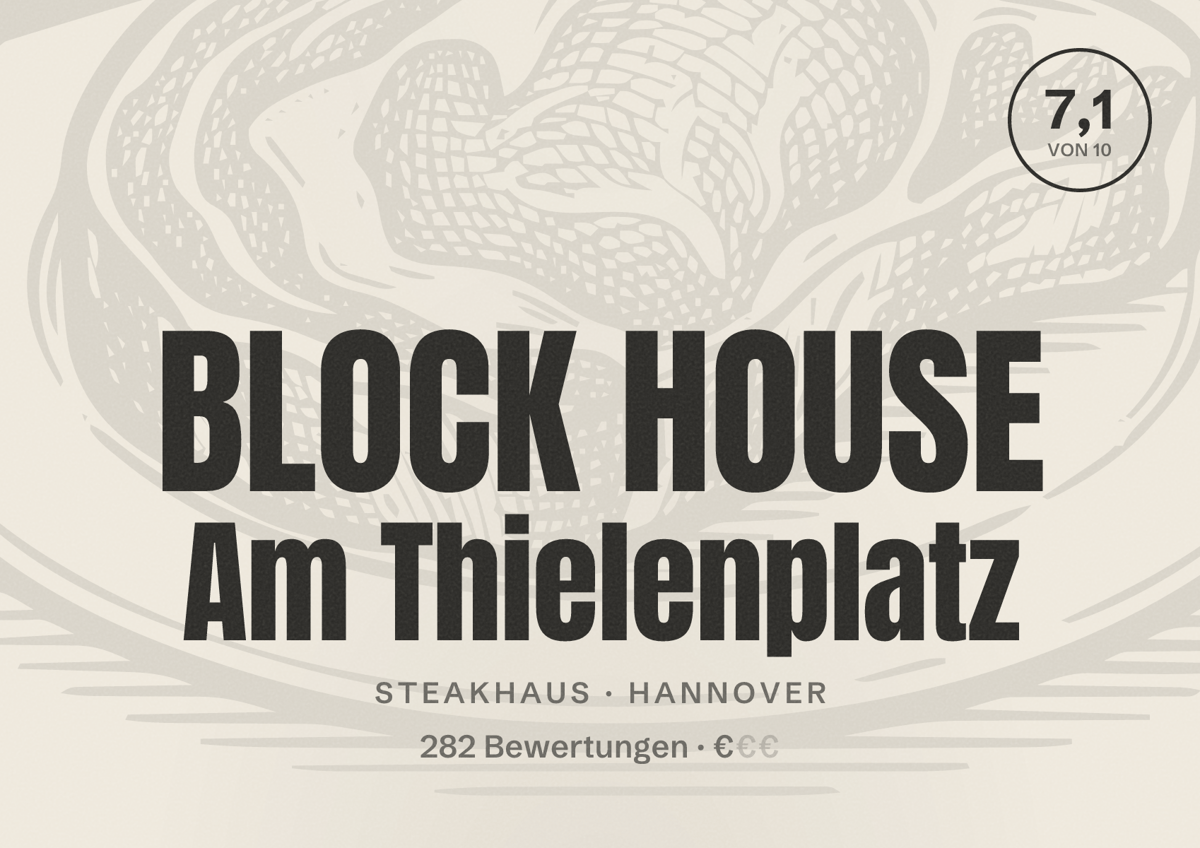 Illustriertes Poster von BLOCK HOUSE Am Thielenplatz, Steakhaus in Hannover: Bewertung 7,1 von 10 aus 282 Bewertungen, Preisniveau €