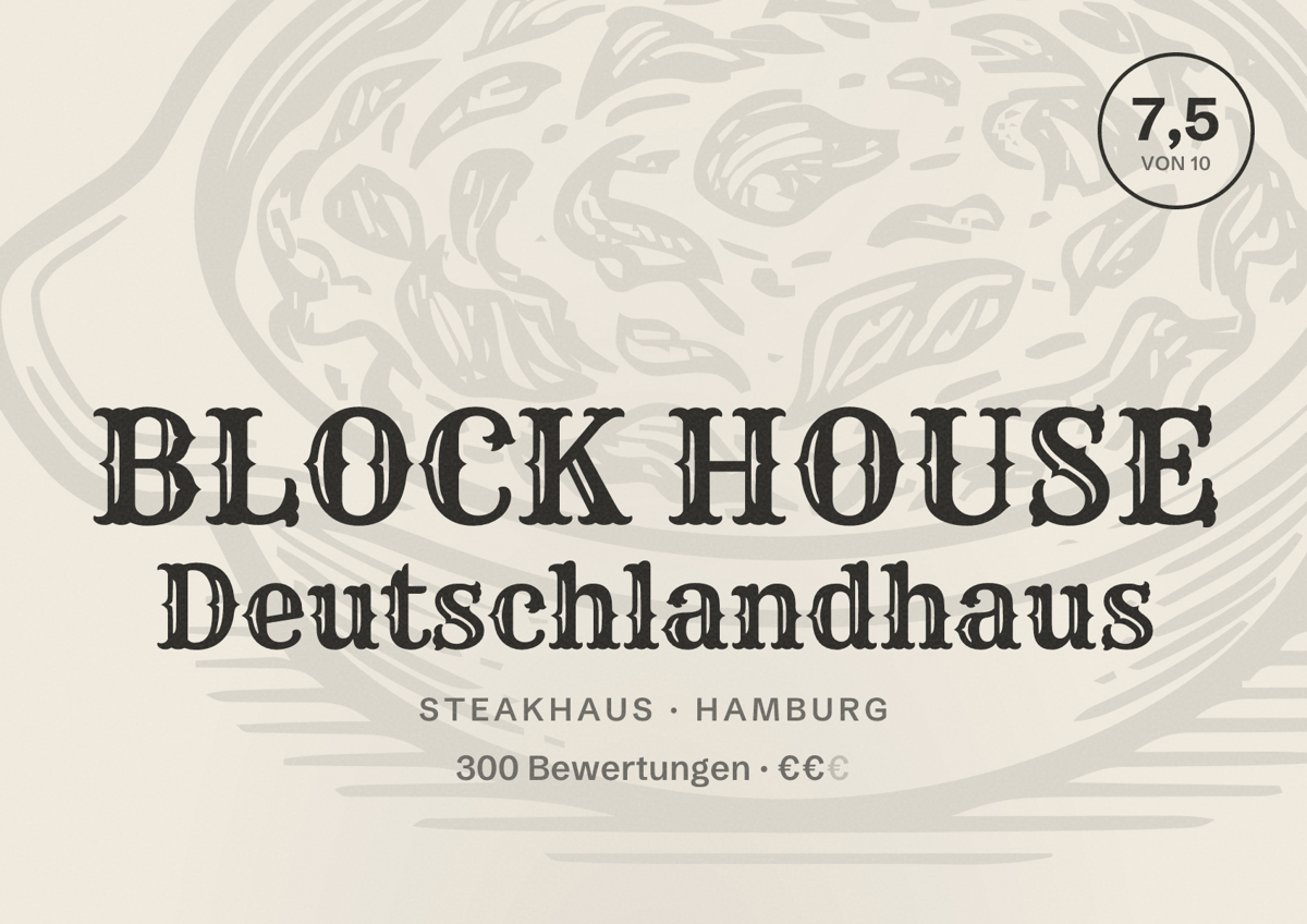 Illustriertes Poster von BLOCK HOUSE Deutschlandhaus, Steakhaus in Hamburg: Bewertung 7,5 von 10 aus 300 Bewertungen, Preisniveau €€
