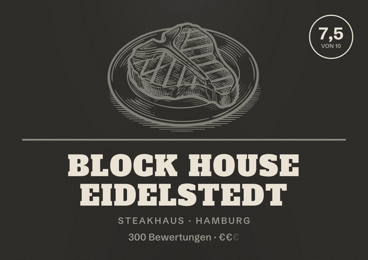 Illustriertes Poster von BLOCK HOUSE Eidelstedt, Steakhaus in Hamburg: Bewertung 7,5 von 10 aus 300 Bewertungen, Preisniveau €€