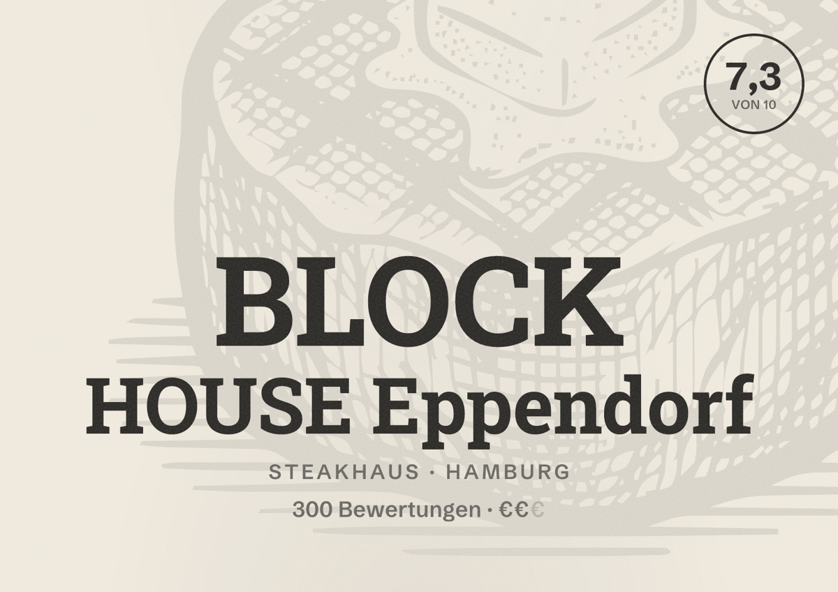 Illustriertes Poster von BLOCK HOUSE Eppendorf, Steakhaus in Hamburg: Bewertung 7,3 von 10 aus 300 Bewertungen, Preisniveau €€