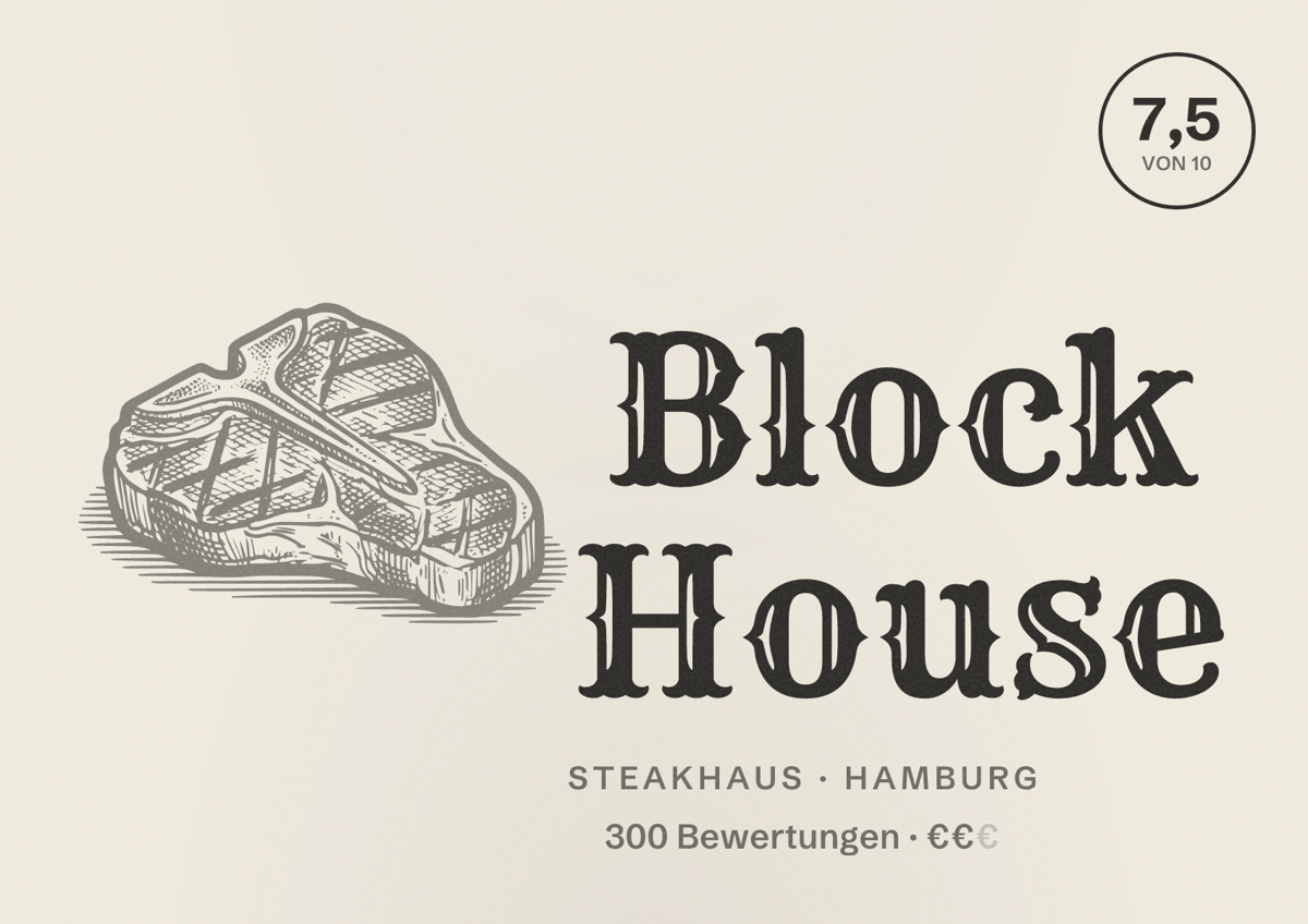 Illustriertes Poster von Block House, Steakhaus in Hamburg: Bewertung 7,5 von 10 aus 300 Bewertungen, Preisniveau €€