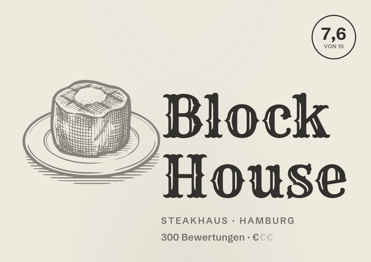 Illustriertes Poster von Block House, Steakhaus in Hamburg: Bewertung 7,6 von 10 aus 300 Bewertungen, Preisniveau €