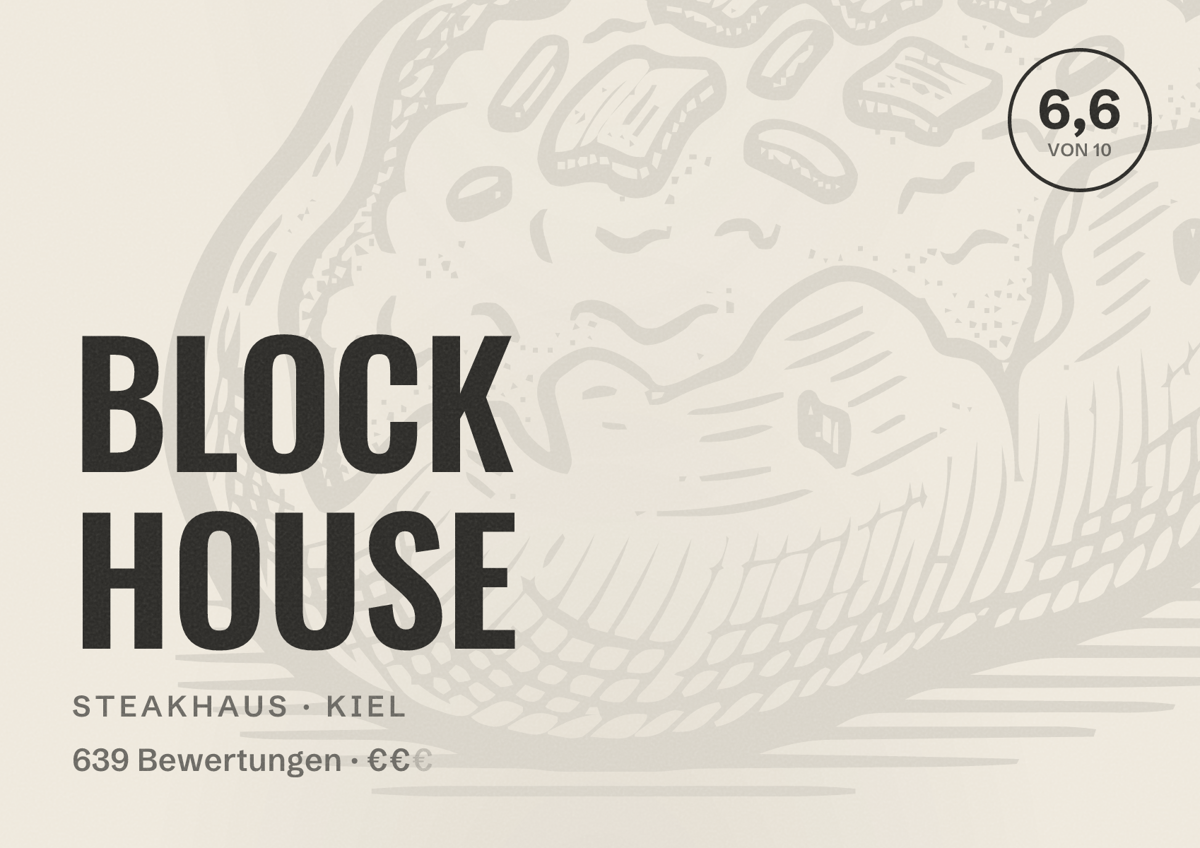 Illustriertes Poster von BLOCK HOUSE, Steakhaus in Kiel: Bewertung 6,6 von 10 aus 639 Bewertungen, Preisniveau €€