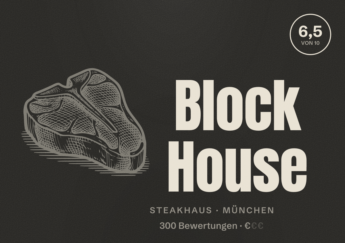 Illustriertes Poster von Block House, Steakhaus in München: Bewertung 6,5 von 10 aus 300 Bewertungen, Preisniveau €