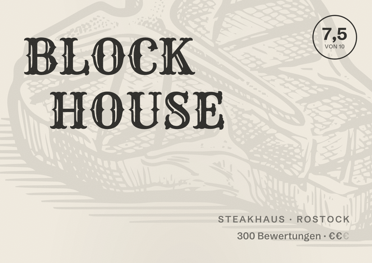 Illustriertes Poster von BLOCK HOUSE, Steakhaus in Rostock: Bewertung 7,5 von 10 aus 300 Bewertungen, Preisniveau €€