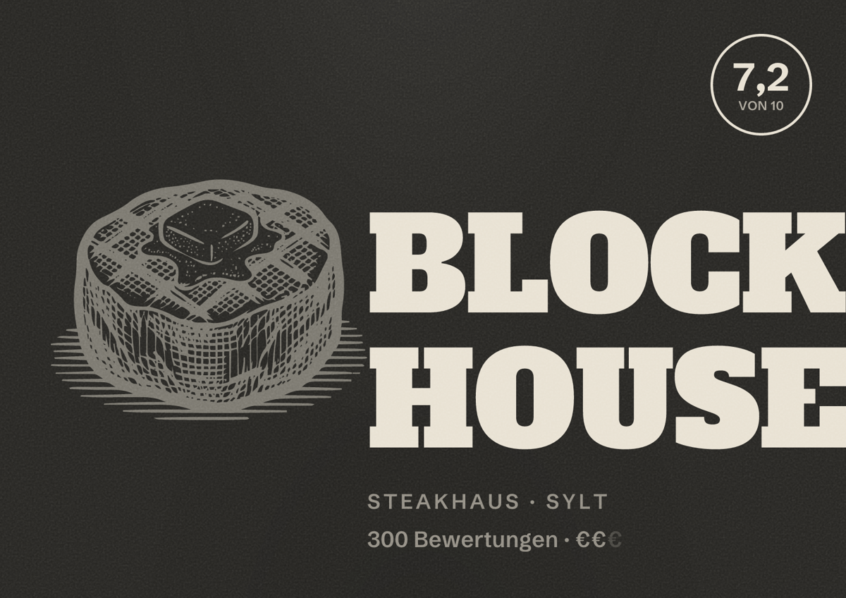 Illustriertes Poster von BLOCK HOUSE, Steakhaus in Sylt: Bewertung 7,2 von 10 aus 300 Bewertungen, Preisniveau €€