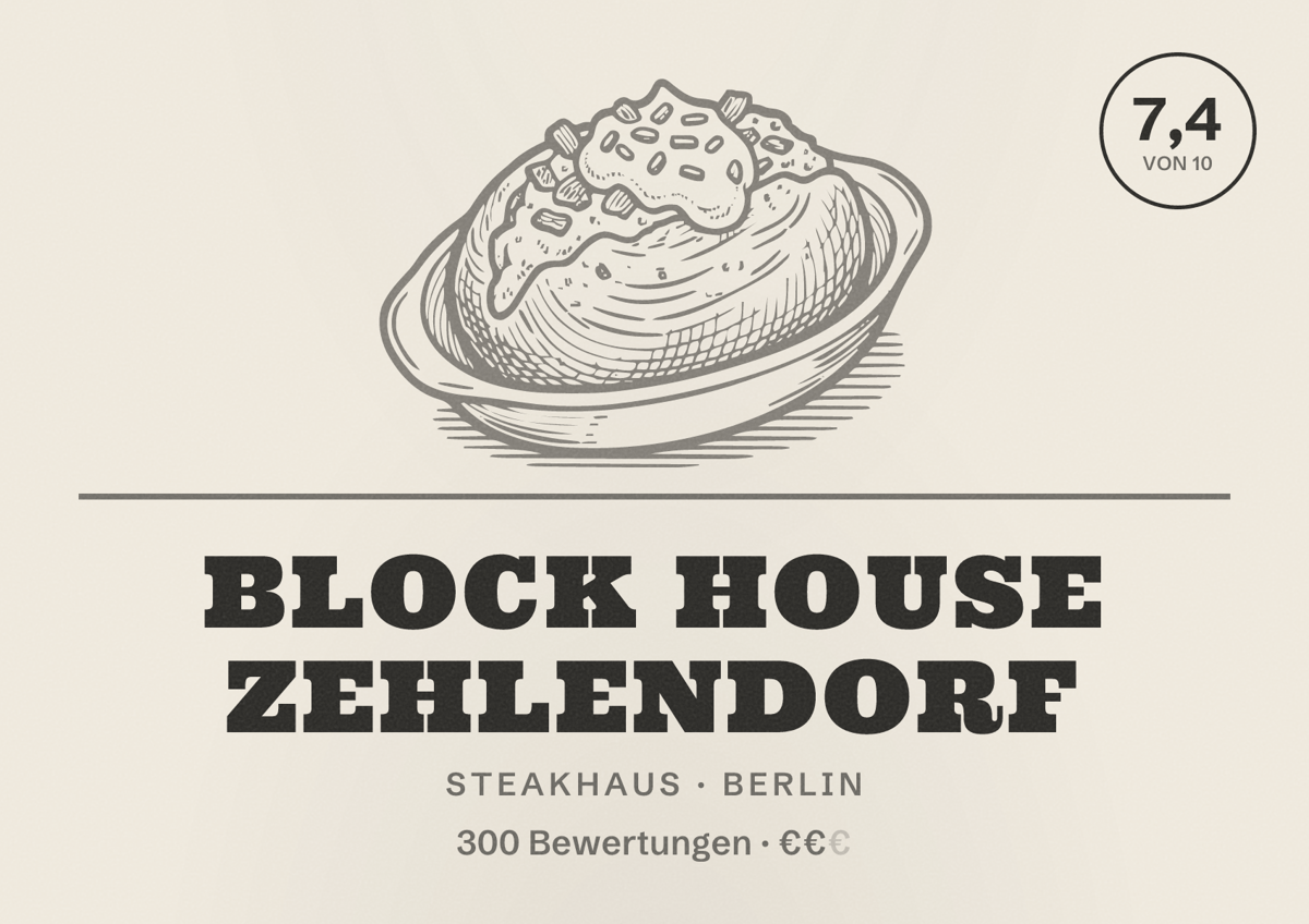 Illustriertes Poster von BLOCK HOUSE Zehlendorf, Steakhaus in Berlin: Bewertung 7,4 von 10 aus 300 Bewertungen, Preisniveau €€