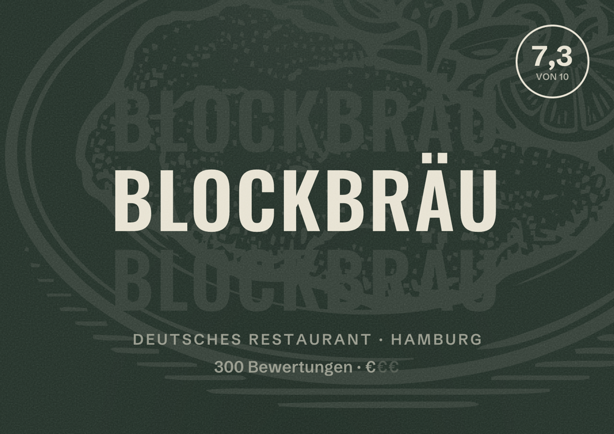 Illustriertes Poster von BLOCKBRÄU, Deutsches Restaurant in Hamburg: Bewertung 7,3 von 10 aus 300 Bewertungen, Preisniveau €