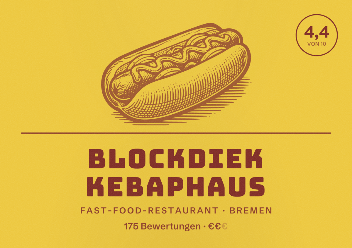 Illustriertes Poster von Blockdiek Kebaphaus, Fast-Food-Restaurant in Bremen: Bewertung 4,4 von 10 aus 175 Bewertungen, Preisniveau €€