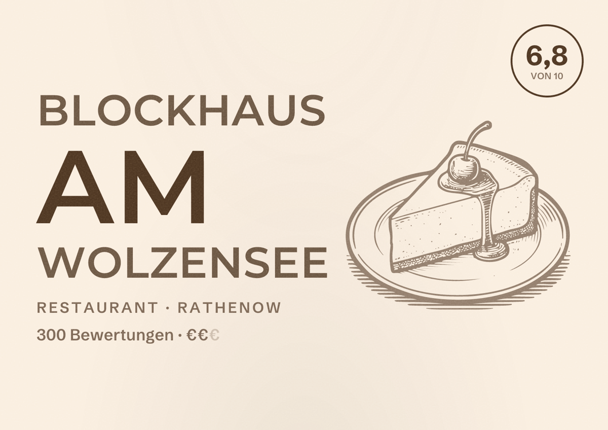 Illustriertes Poster von Blockhaus am Wolzensee, Restaurant in Rathenow: Bewertung 6,8 von 10 aus 300 Bewertungen, Preisniveau €€