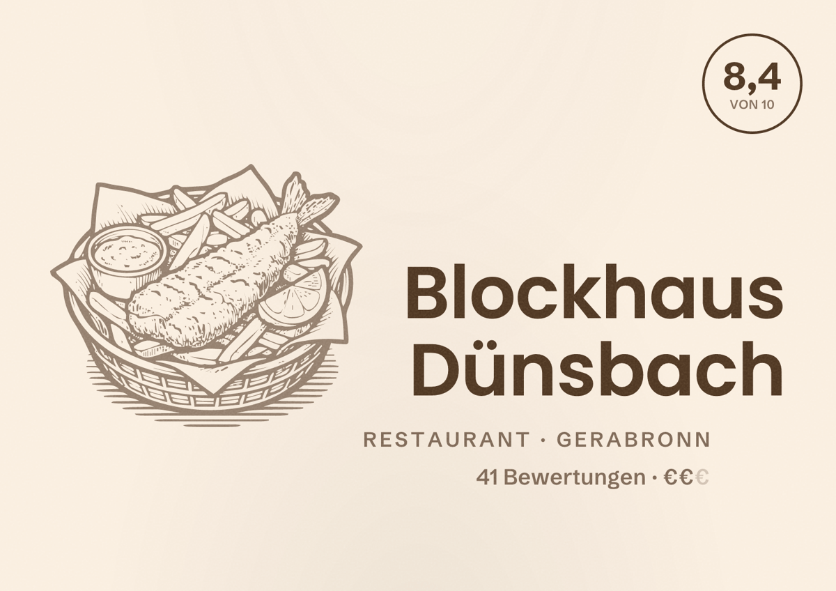 Illustriertes Poster von Blockhaus Dünsbach, Restaurant in Gerabronn: Bewertung 8,4 von 10 aus 41 Bewertungen, Preisniveau €€