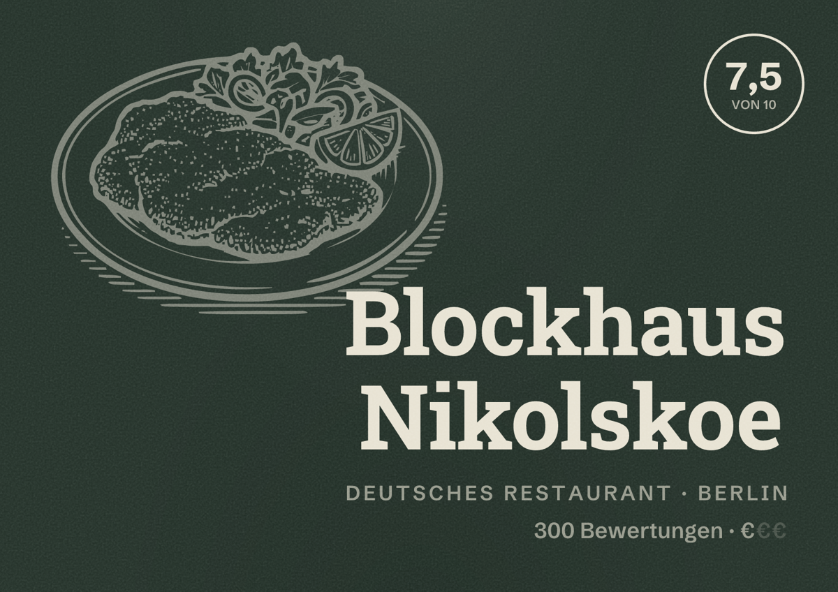 Illustriertes Poster von Blockhaus Nikolskoe, Deutsches Restaurant in Berlin: Bewertung 7,5 von 10 aus 300 Bewertungen, Preisniveau €