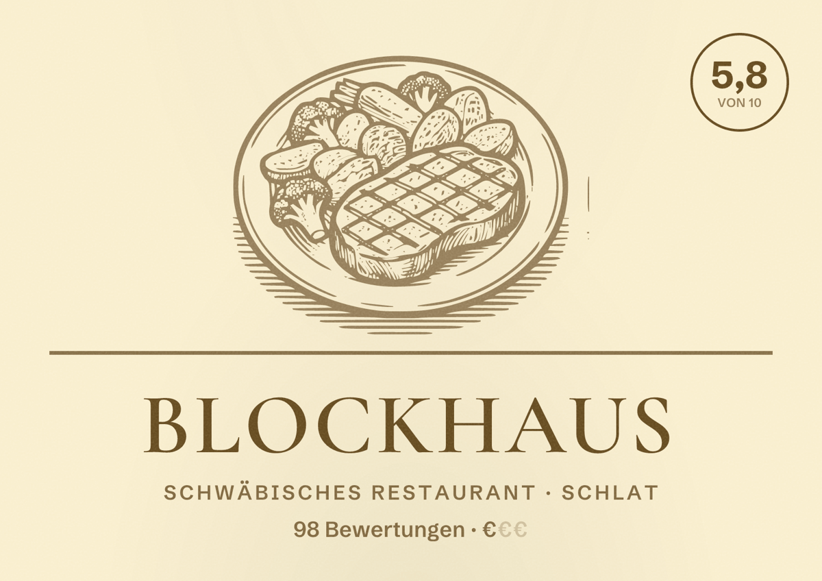 Illustriertes Poster von Blockhaus, Schwäbisches Restaurant in Schlat: Bewertung 5,8 von 10 aus 98 Bewertungen, Preisniveau €