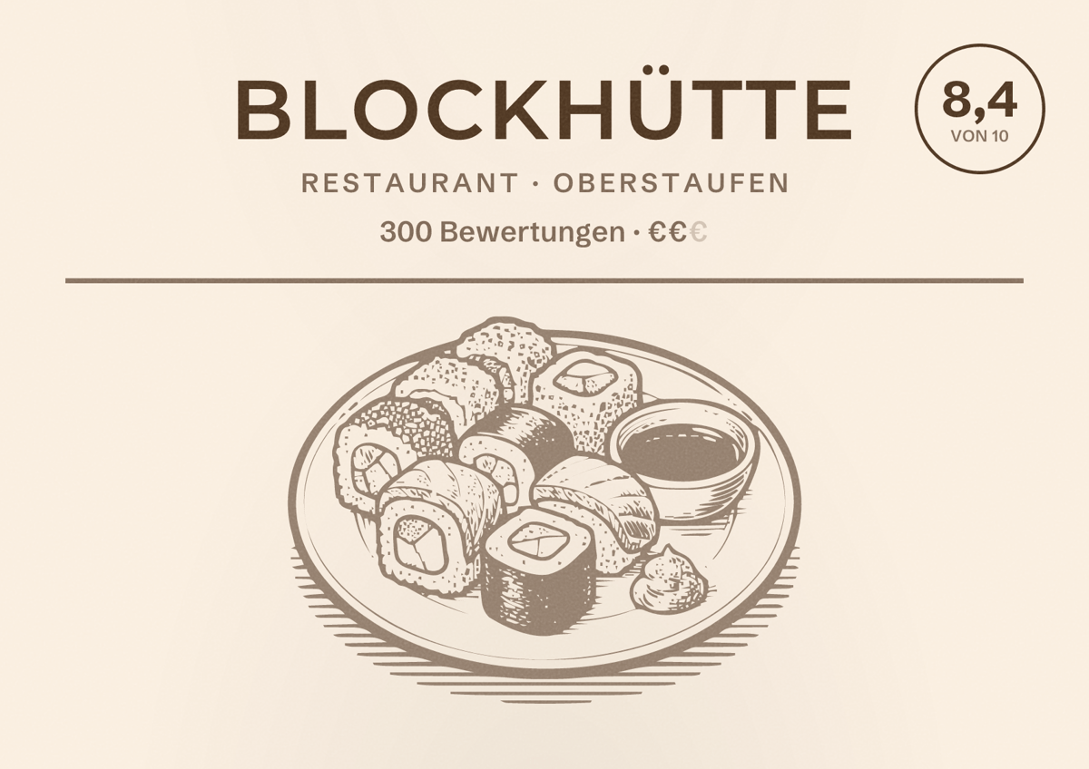 Illustriertes Poster von Blockhütte, Restaurant in Oberstaufen: Bewertung 8,4 von 10 aus 300 Bewertungen, Preisniveau €€