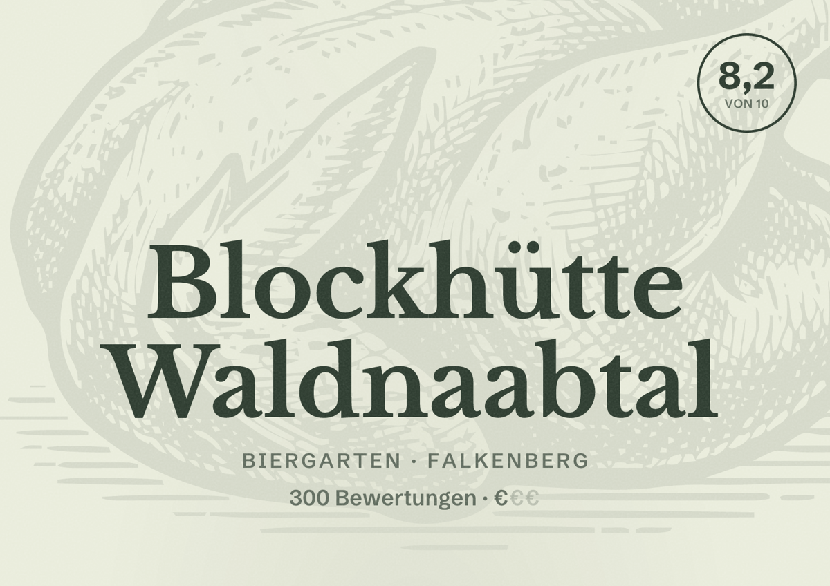 Illustriertes Poster von Blockhütte Waldnaabtal, Biergarten in Falkenberg: Bewertung 8,2 von 10 aus 300 Bewertungen, Preisniveau €