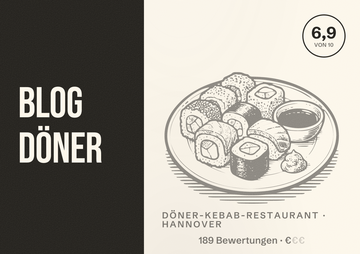 Illustriertes Poster von Blog Döner, Döner-Kebab-Restaurant in Hannover: Bewertung 6,9 von 10 aus 189 Bewertungen, Preisniveau €