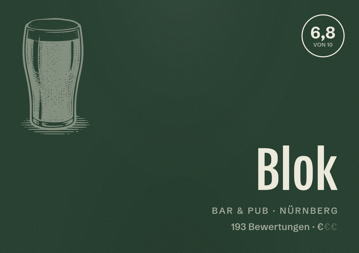 Illustriertes Poster von Blok, Bar & Pub in Nürnberg: Bewertung 6,8 von 10 aus 193 Bewertungen, Preisniveau €