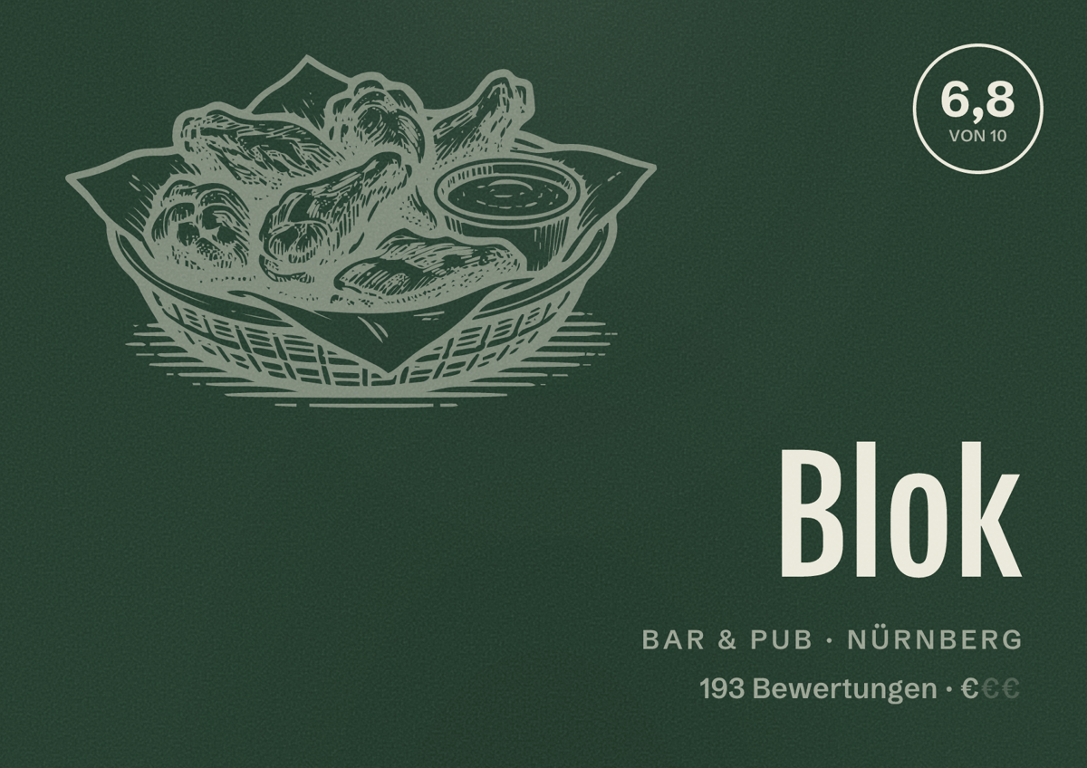 Illustriertes Poster von Blok, Bar & Pub in Nürnberg: Bewertung 6,8 von 10 aus 193 Bewertungen, Preisniveau €