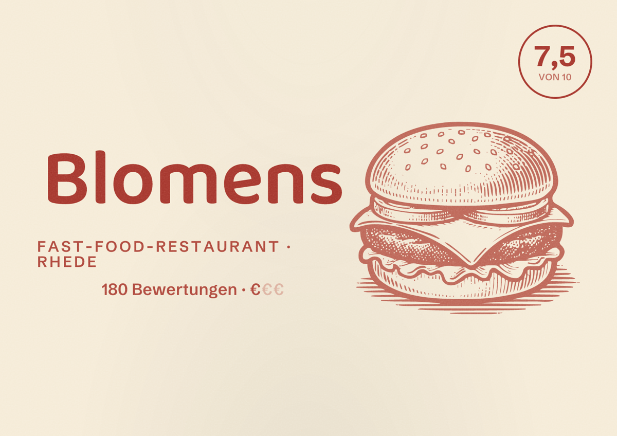 Illustriertes Poster von Blomens, Fast-Food-Restaurant in Rhede: Bewertung 7,5 von 10 aus 180 Bewertungen, Preisniveau €