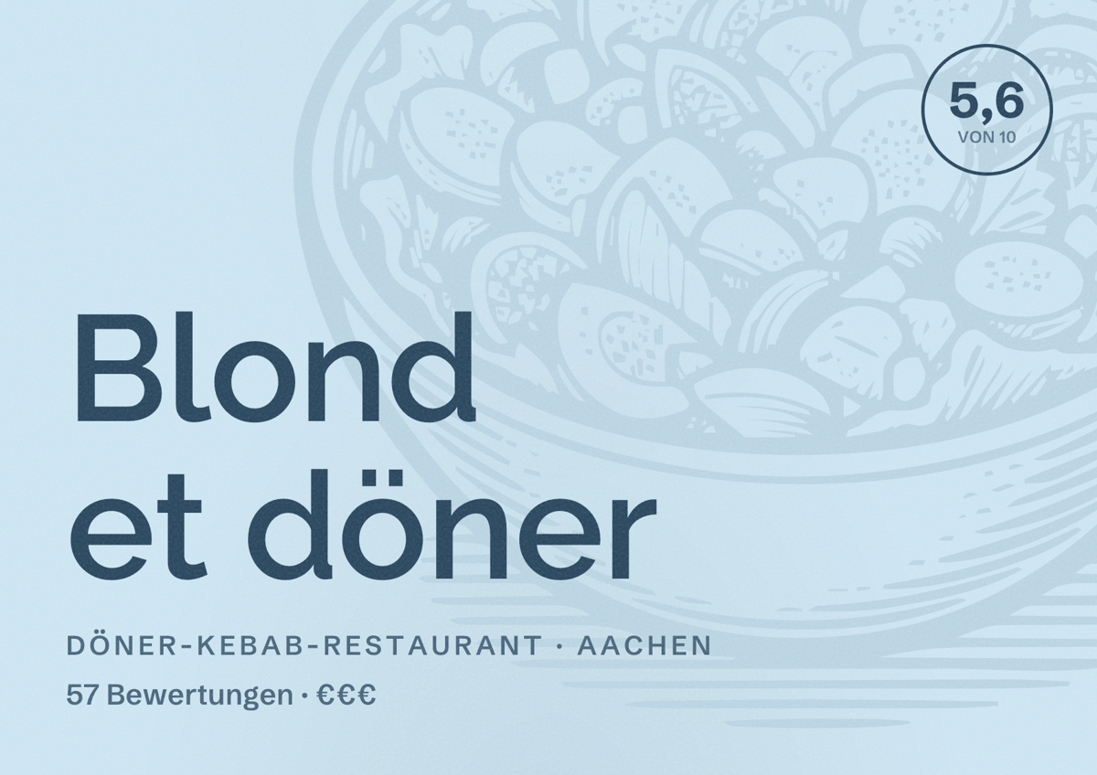Illustriertes Poster von Blond et döner, Döner-Kebab-Restaurant in Aachen: Bewertung 5,6 von 10 aus 57 Bewertungen, Preisniveau €€€