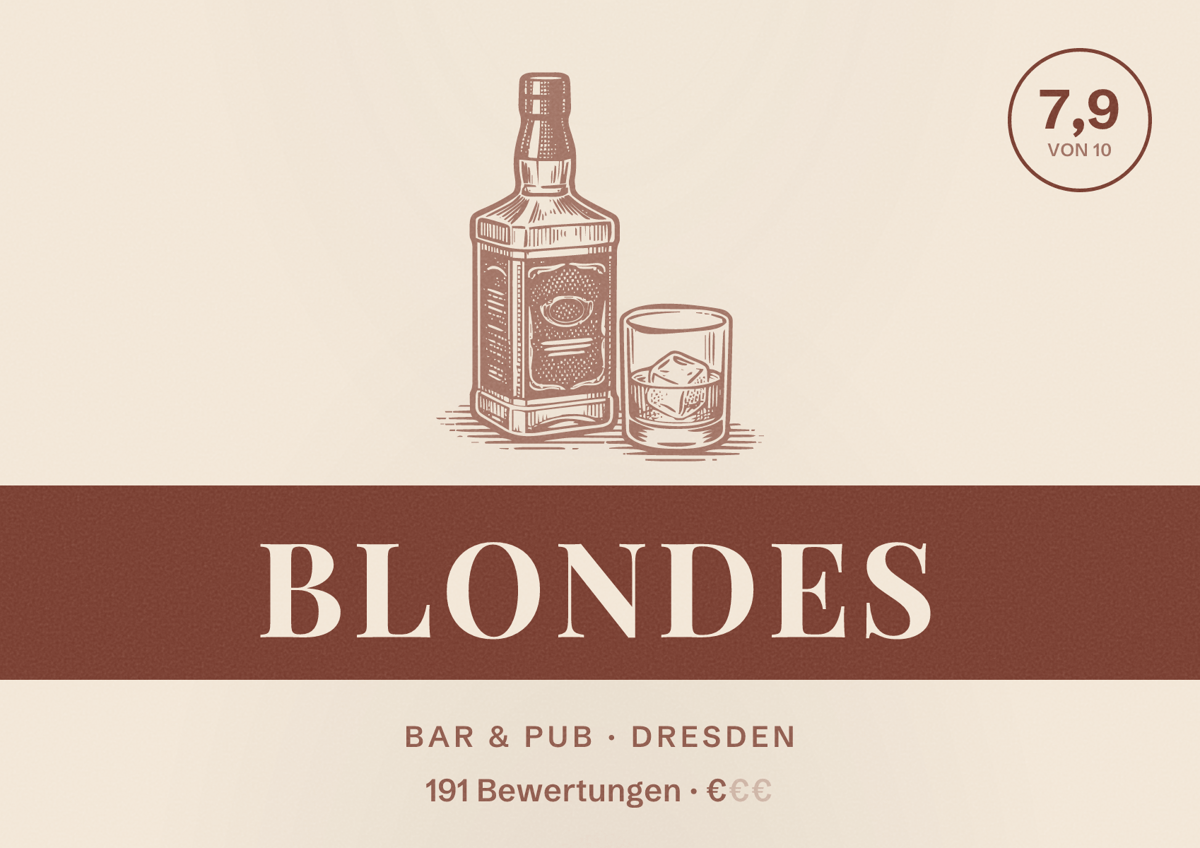 Illustriertes Poster von Blondes, Bar & Pub in Dresden: Bewertung 7,9 von 10 aus 191 Bewertungen, Preisniveau €