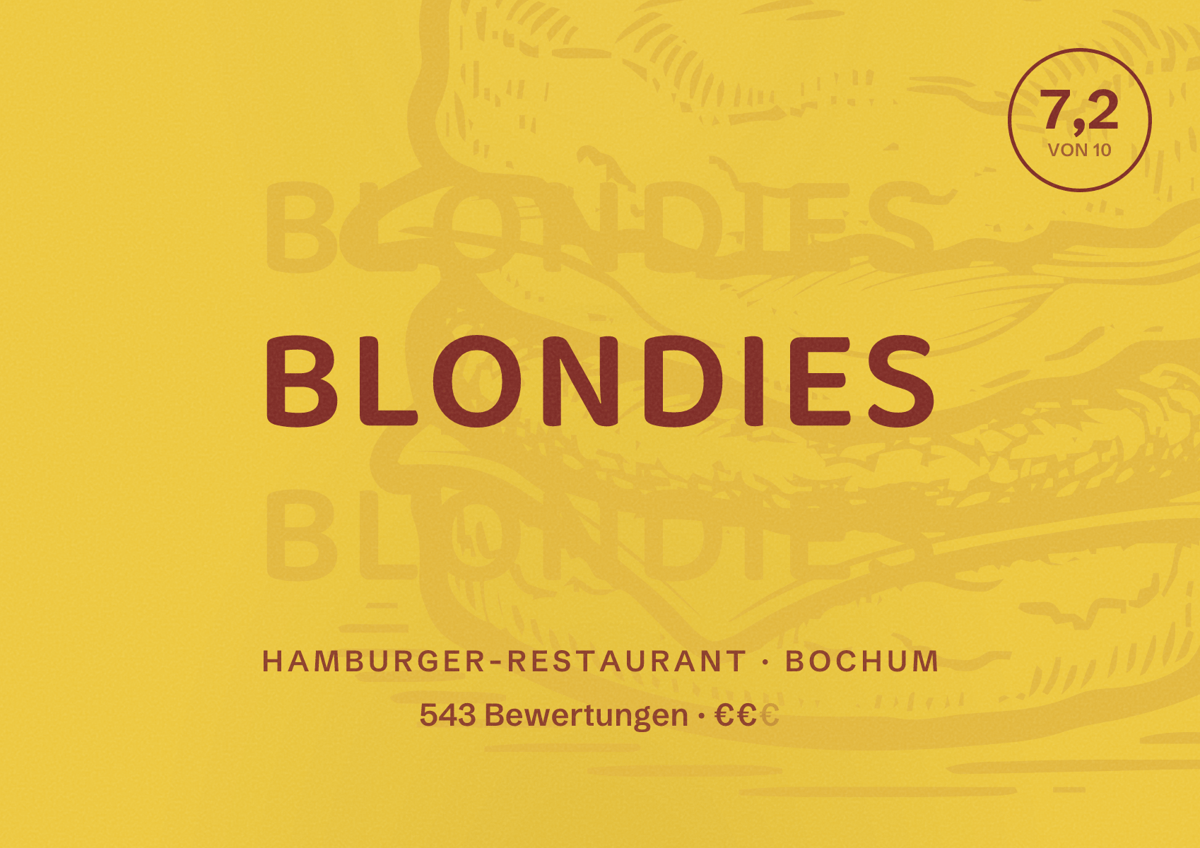 Illustriertes Poster von Blondies, Hamburger-Restaurant in Bochum: Bewertung 7,2 von 10 aus 543 Bewertungen, Preisniveau €€