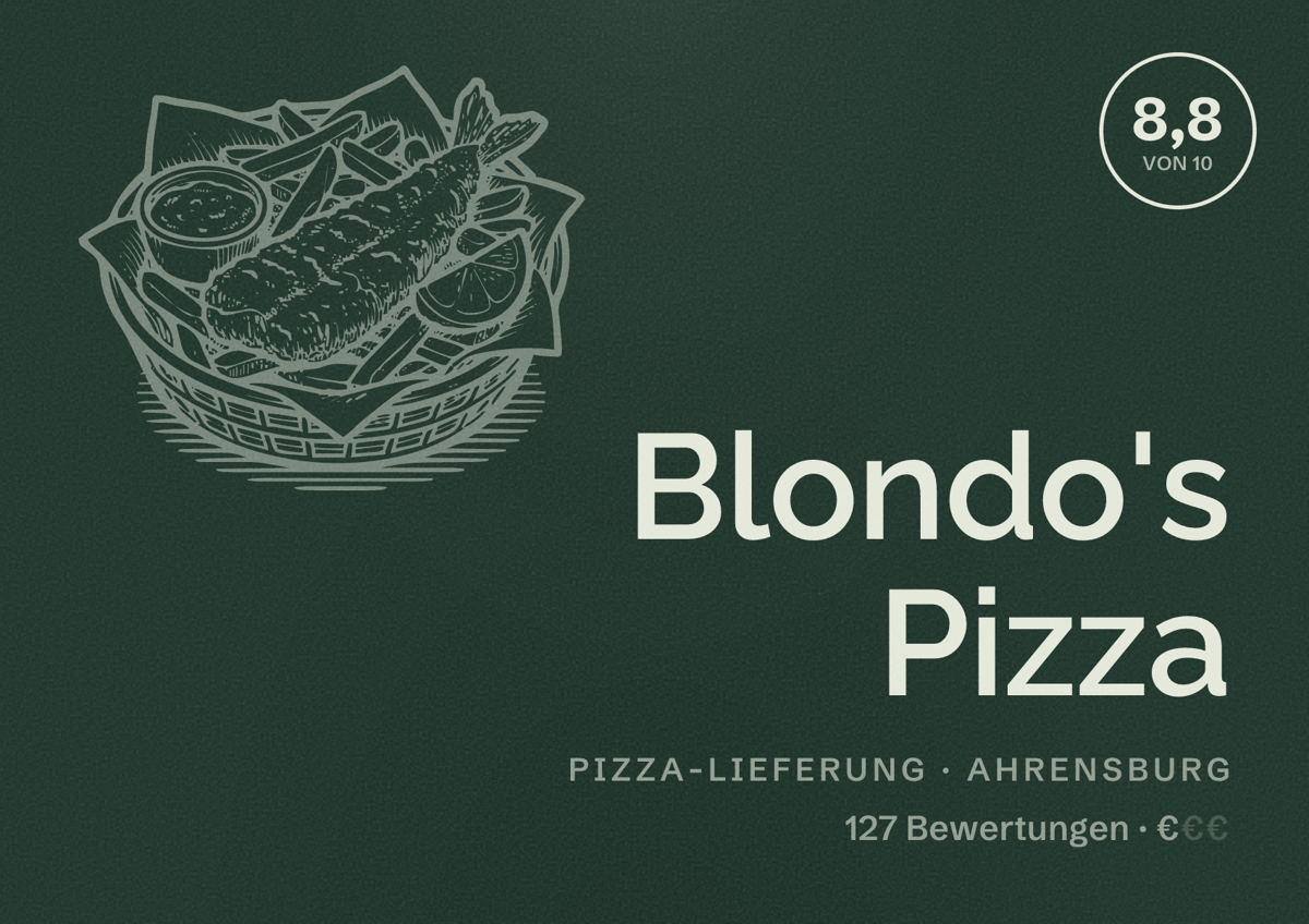 Illustriertes Poster von Blondo's Pizza, Pizza-Lieferung in Ahrensburg: Bewertung 8,8 von 10 aus 127 Bewertungen, Preisniveau €
