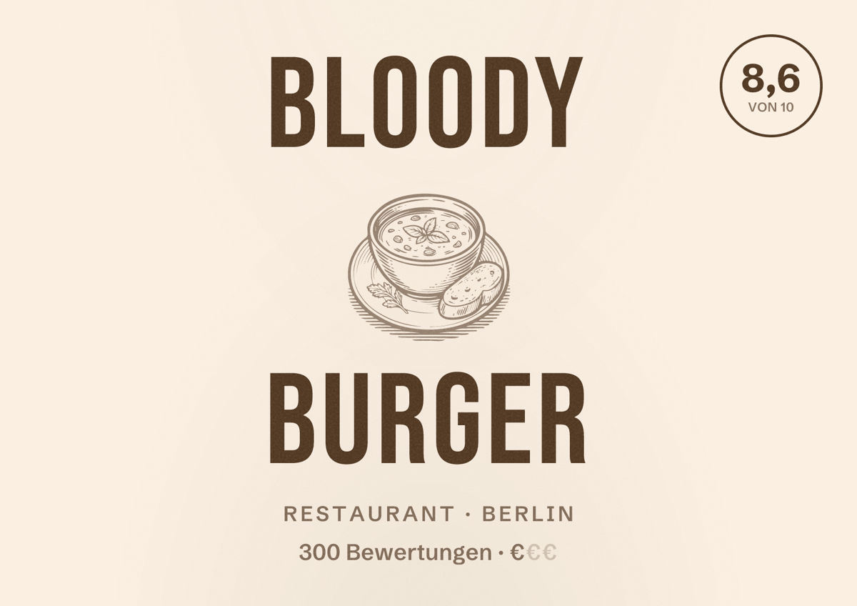 Illustriertes Poster von Bloody Burger, Restaurant in Berlin: Bewertung 8,6 von 10 aus 300 Bewertungen, Preisniveau €