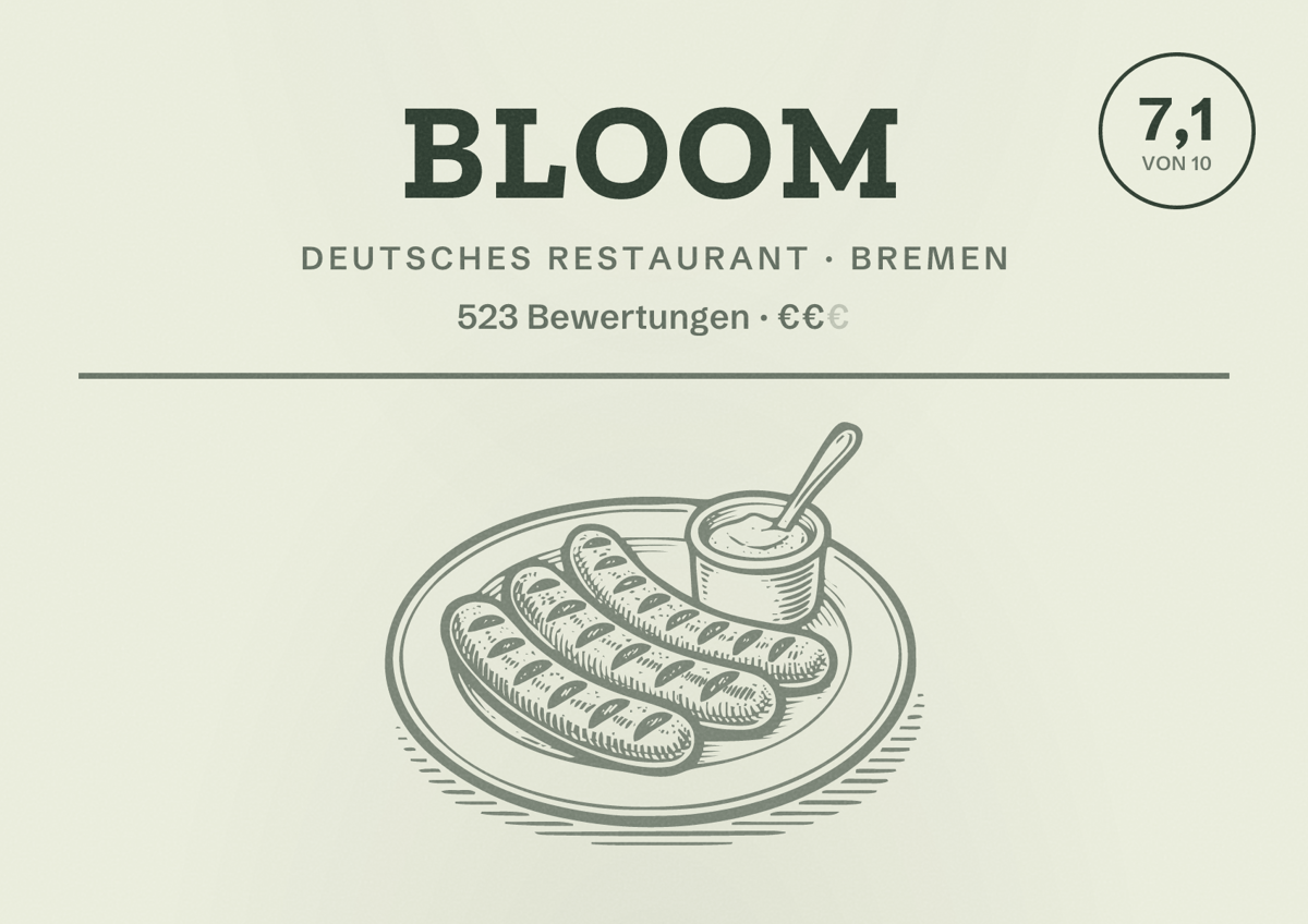 Illustriertes Poster von Bloom, Deutsches Restaurant in Bremen: Bewertung 7,1 von 10 aus 523 Bewertungen, Preisniveau €€