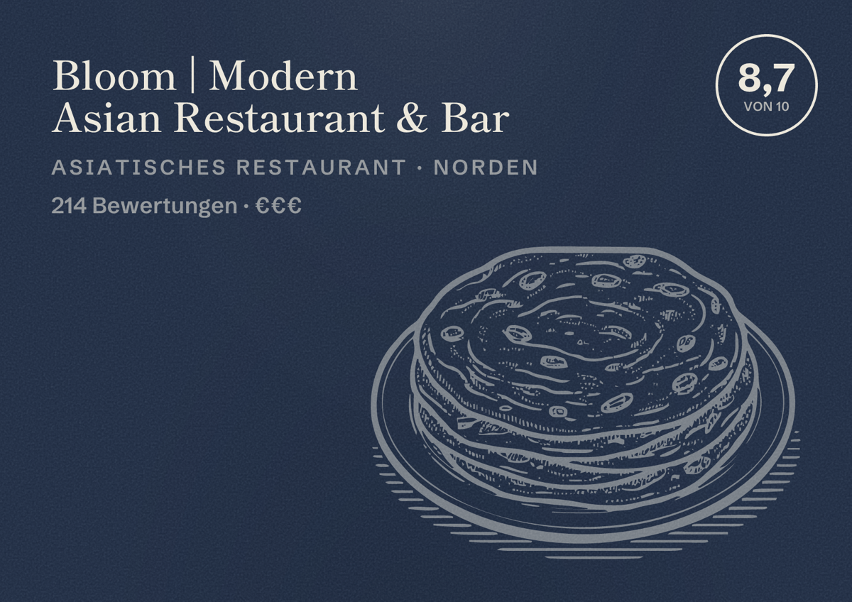Illustriertes Poster von Bloom | Modern Asian Restaurant & Bar, Asiatisches Restaurant in Norden: Bewertung 8,7 von 10 aus 214 Bewertungen, Preisniveau €€€