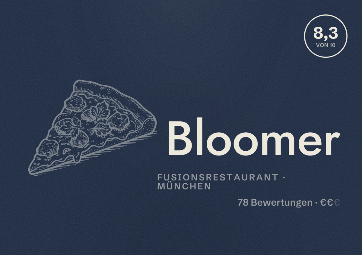 Illustriertes Poster von Bloomer, Fusionsrestaurant in München: Bewertung 8,3 von 10 aus 78 Bewertungen, Preisniveau €€