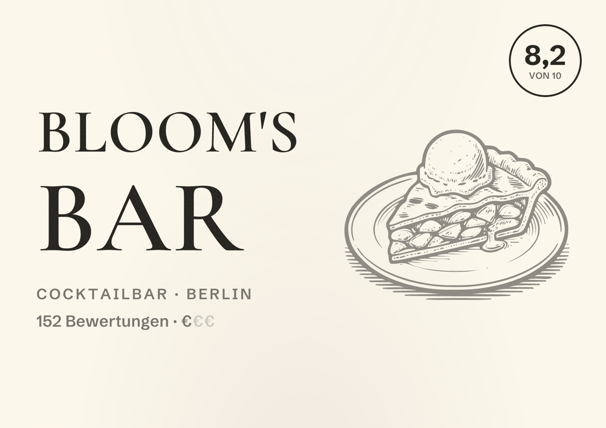 Illustriertes Poster von Bloom's Bar, Cocktailbar in Berlin: Bewertung 8,2 von 10 aus 152 Bewertungen, Preisniveau €