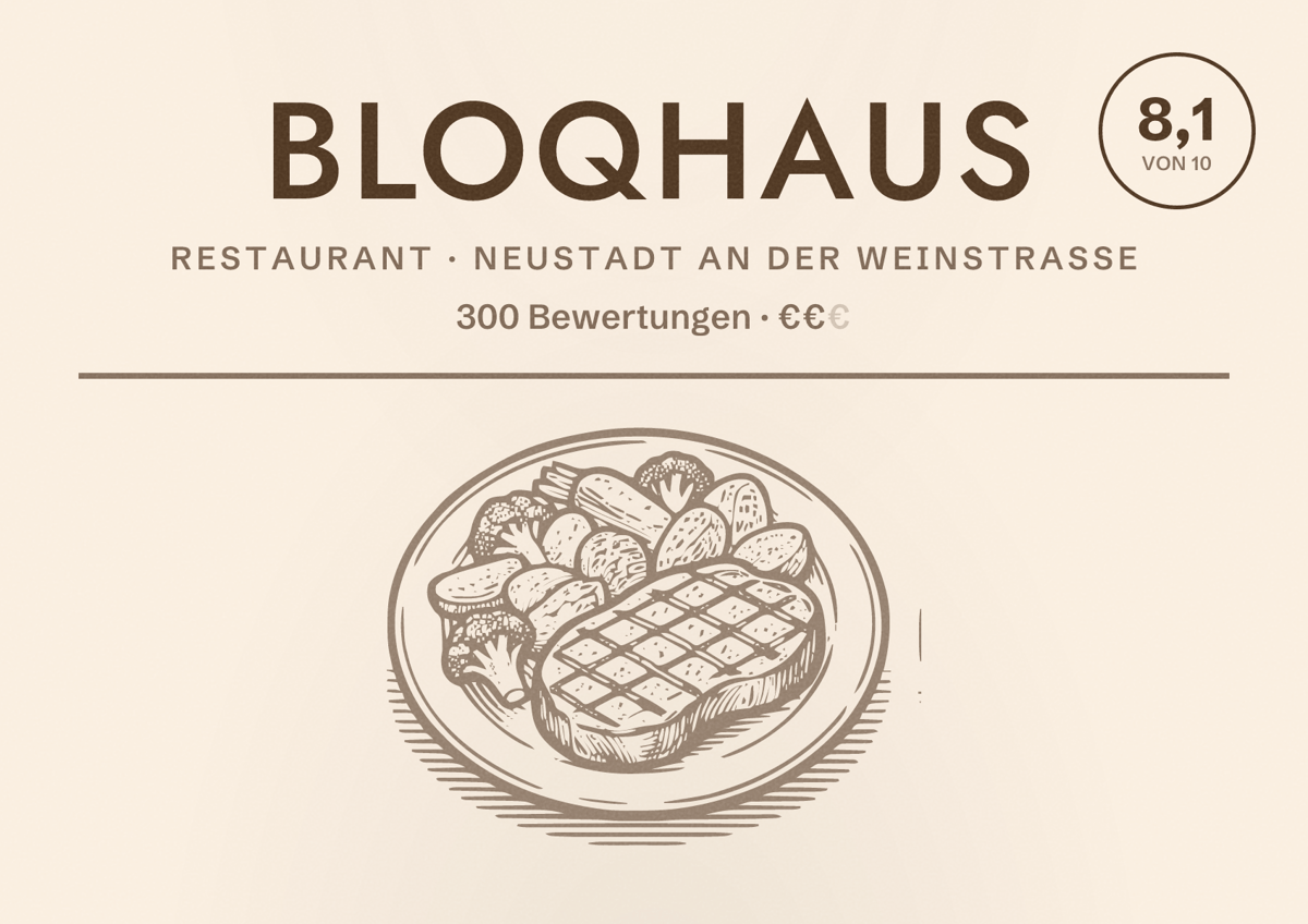 Illustriertes Poster von Bloqhaus, Restaurant in Neustadt an der Weinstraße: Bewertung 8,1 von 10 aus 300 Bewertungen, Preisniveau €€